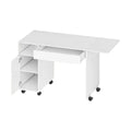 **Table de bureau pliante blanche avec tiroir et étagères, sur roulettes**