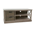 **Meuble TV en bois avec rangement en osier**