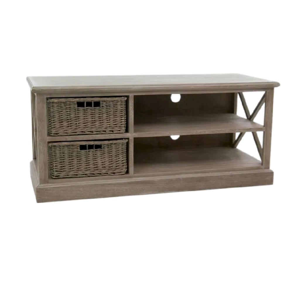 **Meuble TV en bois avec rangement en osier**
